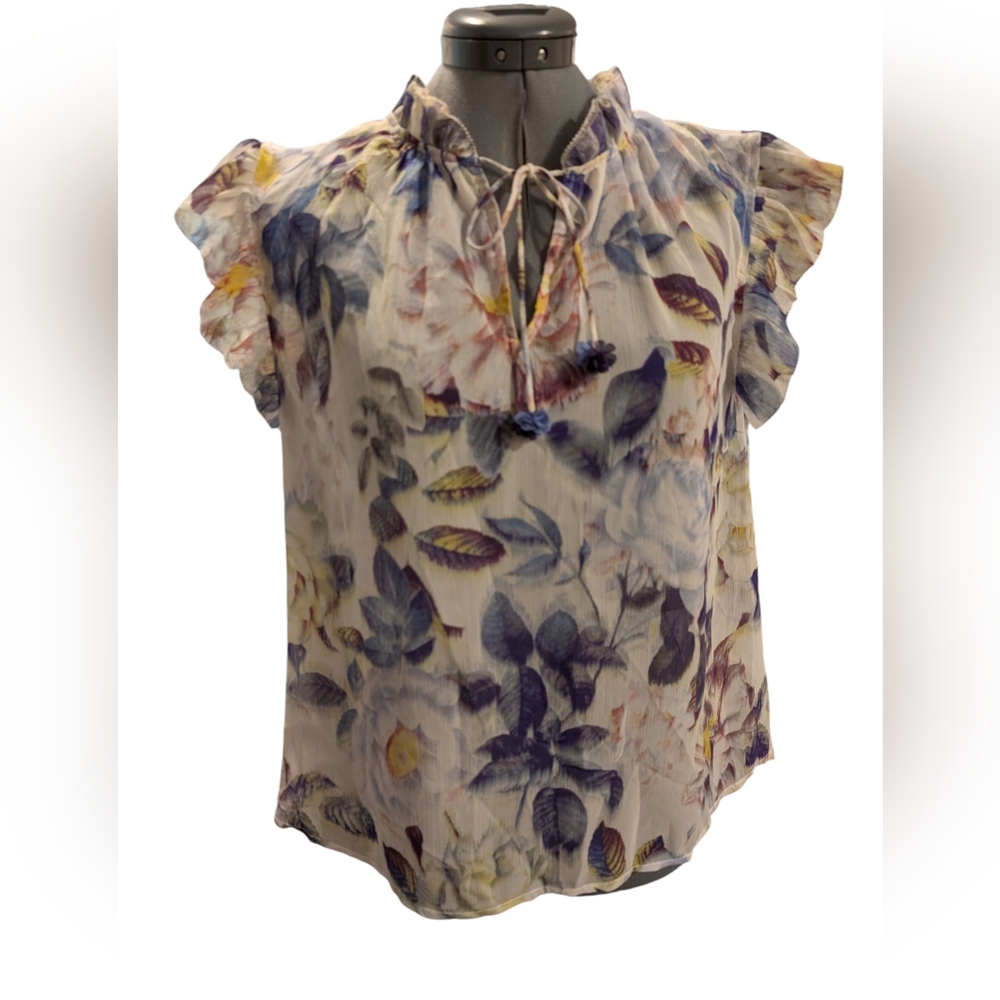 Rachel Zoe Women's Multicolor Floral Ruffle Sheer Blouse Romantic